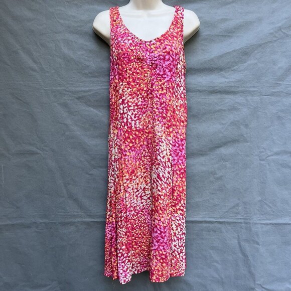 J. Jill Size 10 Ruched Sleeveless Midi Pink Red Orange Sun Dress Beachy Romantic - Picture 1 of 7